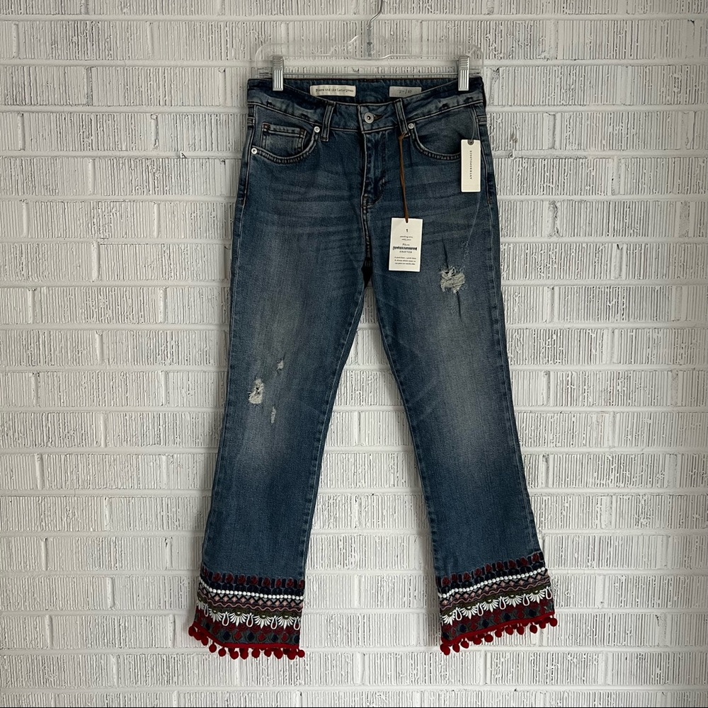 Anthropologie Bootcut Jeans with Embroidered Hem in Denim Blue and Red